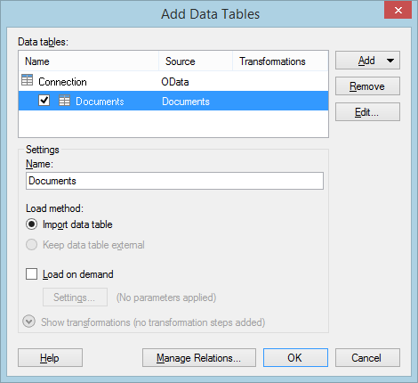 Add Data Tables window